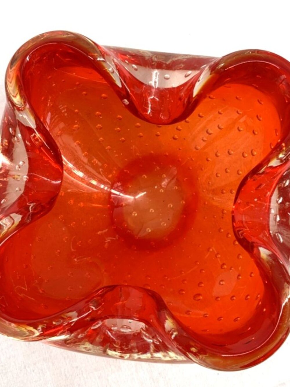 Murano Red Bullicante Ruffled Art Glass Dish Ashtray 5” Vintage FLAW